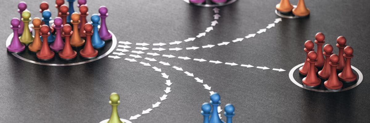 3D illustration of many pawns segmented in different categories over black background. concept of customer segmentation.