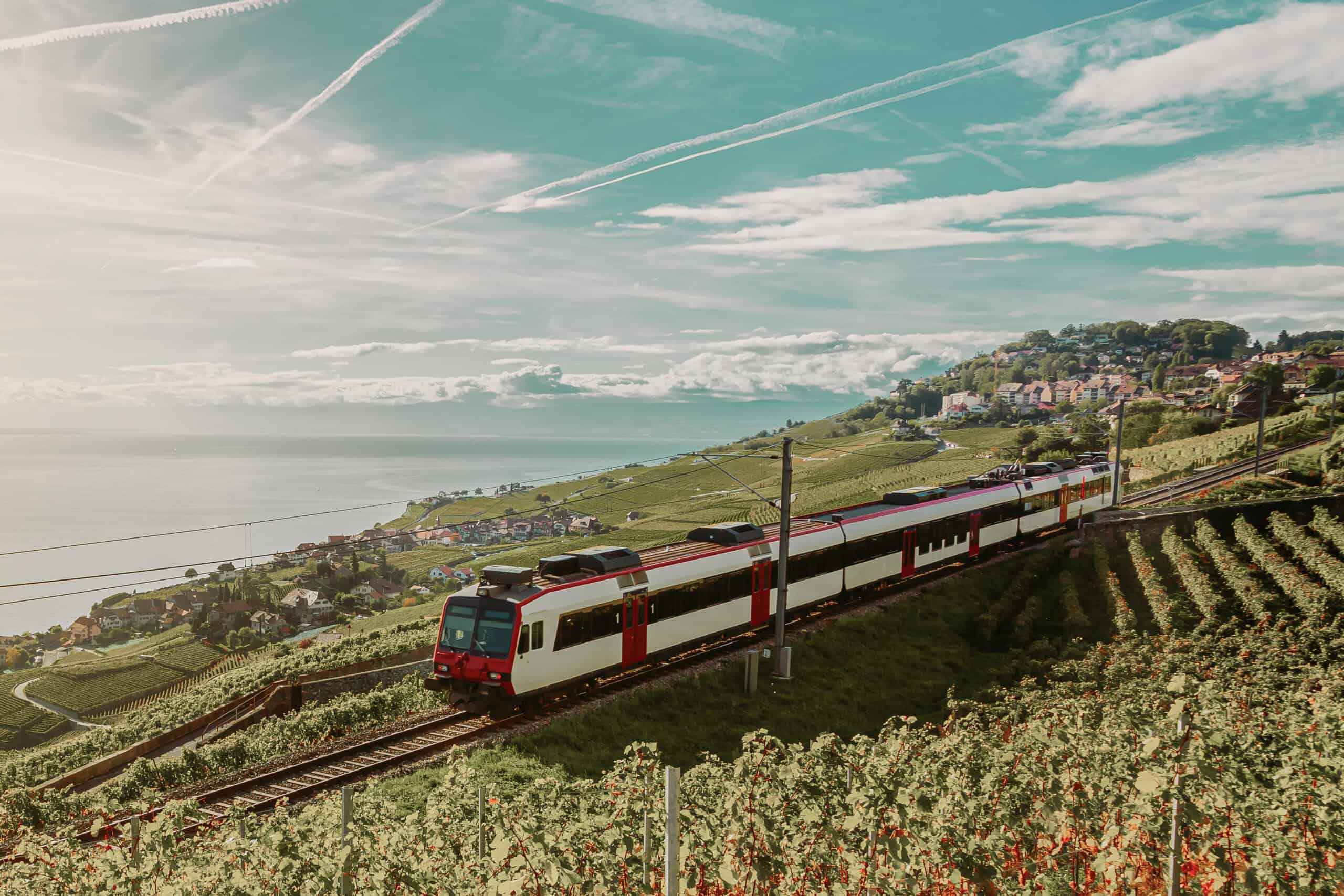 Lavaux, Switzerland: SBB train traveling on a railway through Lavaux vineyard terraces on the shore of Lake Geneva, Canton Vaud, Europe